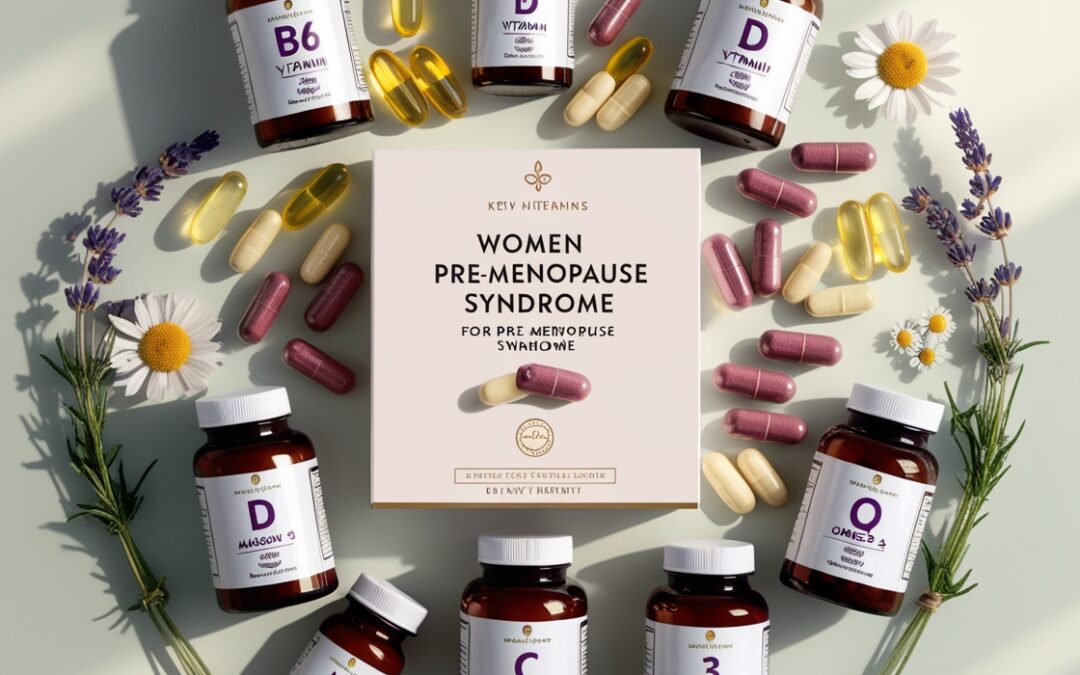 A collection of supplements designed for women managing Pre-Menopause Syndrome, displayed in an elegant arrangement with natural elements. The image includes bottles labeled with essential vitamins such as B6, Vitamin D, Magnesium, Omega 3, and Vitamin C, surrounded by colorful capsules and tablets. Fresh lavender sprigs, chamomile flowers, and a soft pastel background emphasize a natural and holistic approach to health.