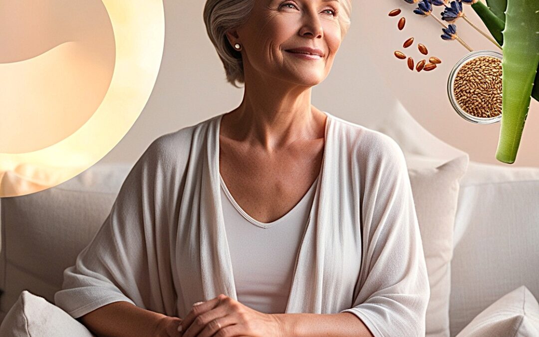 A serene middle-aged woman with short silver hair sits comfortably on a couch, wearing a soft white robe, symbolizing relaxation and well-being. Around her, natural elements like lavender, aloe vera, and flaxseeds are displayed, representing holistic remedies for perimenopause. The background features warm, calming tones, evoking a sense of balance and harmony.