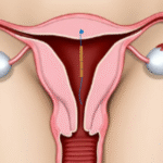Illustration of the female reproductive system showing GyneFix coil placement within the uterus.