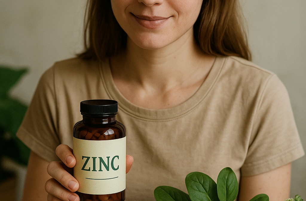 A young woman smiling while holding a bottle labeled "Zinc", surrounded by leafy greens, pumpkin seeds, and chamomile flowers on a wooden table — promoting natural period pain relief at Holistic Gynaecology Clinic London.