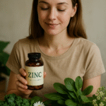 A young woman smiling while holding a bottle labeled "Zinc", surrounded by leafy greens, pumpkin seeds, and chamomile flowers on a wooden table — promoting natural period pain relief at Holistic Gynaecology Clinic London.