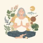 Natural menopause support in London – woman practicing holistic wellness with herbs, healthy foods, and yoga, Holistic Gynaecology Clinic London.
