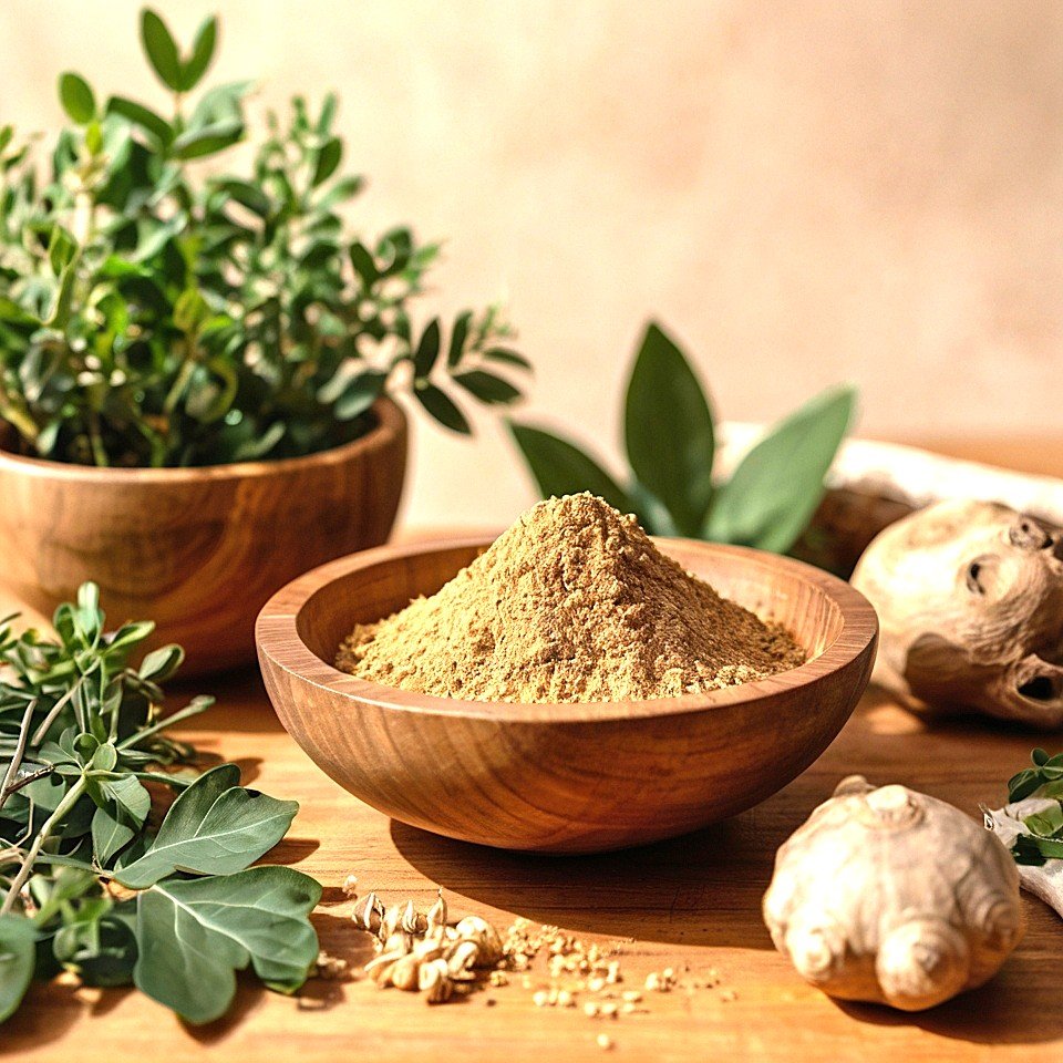 A wooden bowl of maca powder surrounded by maca roots and fresh green herbs on a wooden table, illustrating natural hormonal support recommended by Holistic Gynaecology Clinic London.