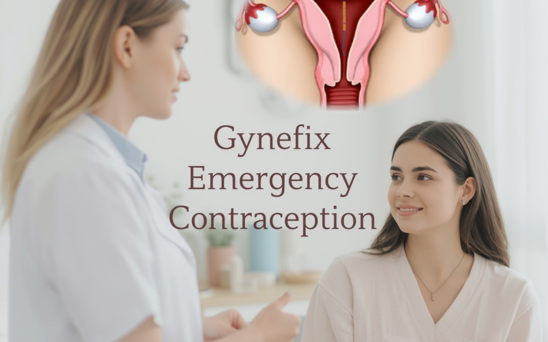 A female gynaecologist speaks with a young woman in a clinic, with a medical illustration of the uterus and the GyneFix coil displayed above them, representing GyneFix emergency contraception at Holistic Gynaecology Clinic London.