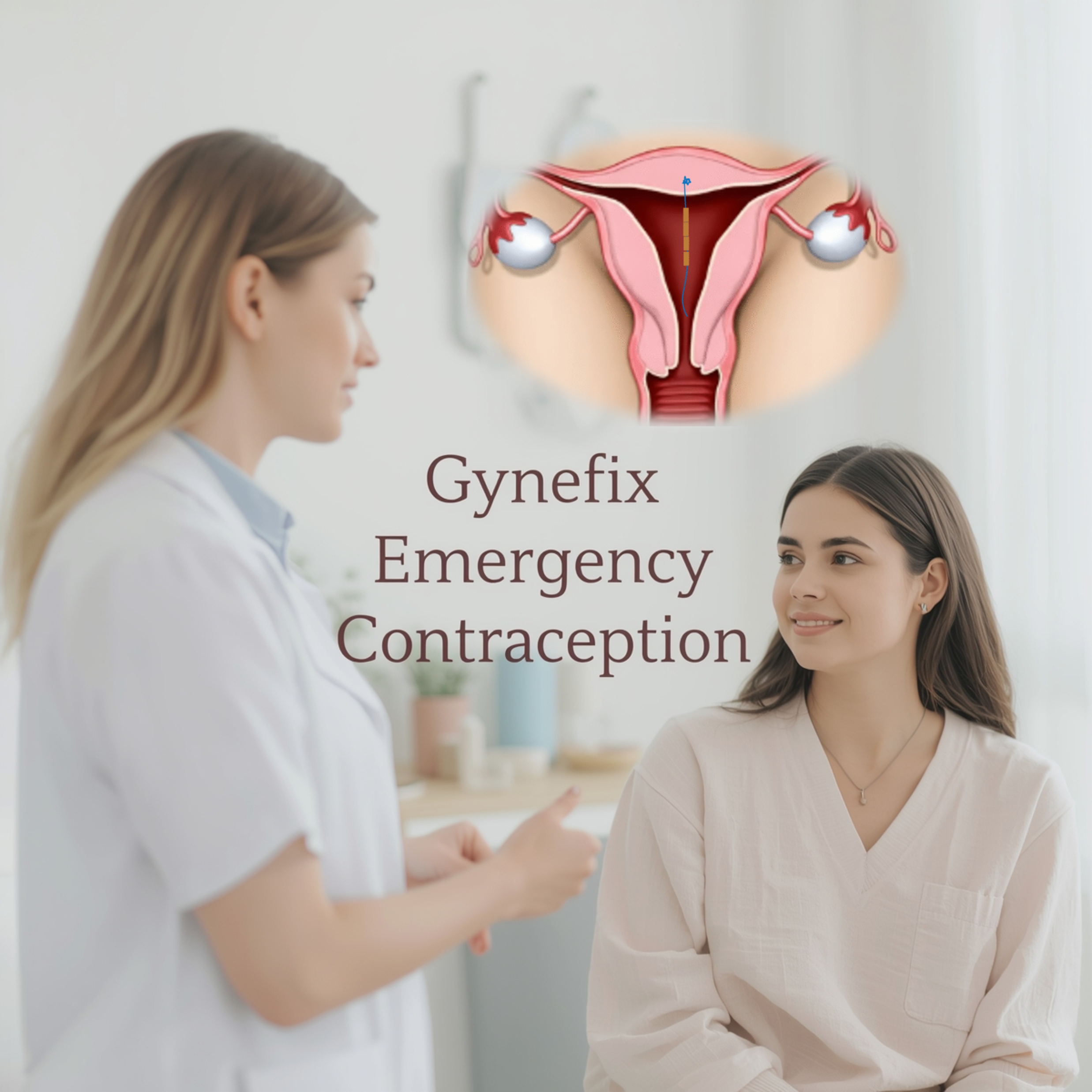 A female gynaecologist speaks with a young woman in a clinic, with a medical illustration of the uterus and the GyneFix coil displayed above them, representing GyneFix emergency contraception at Holistic Gynaecology Clinic London.