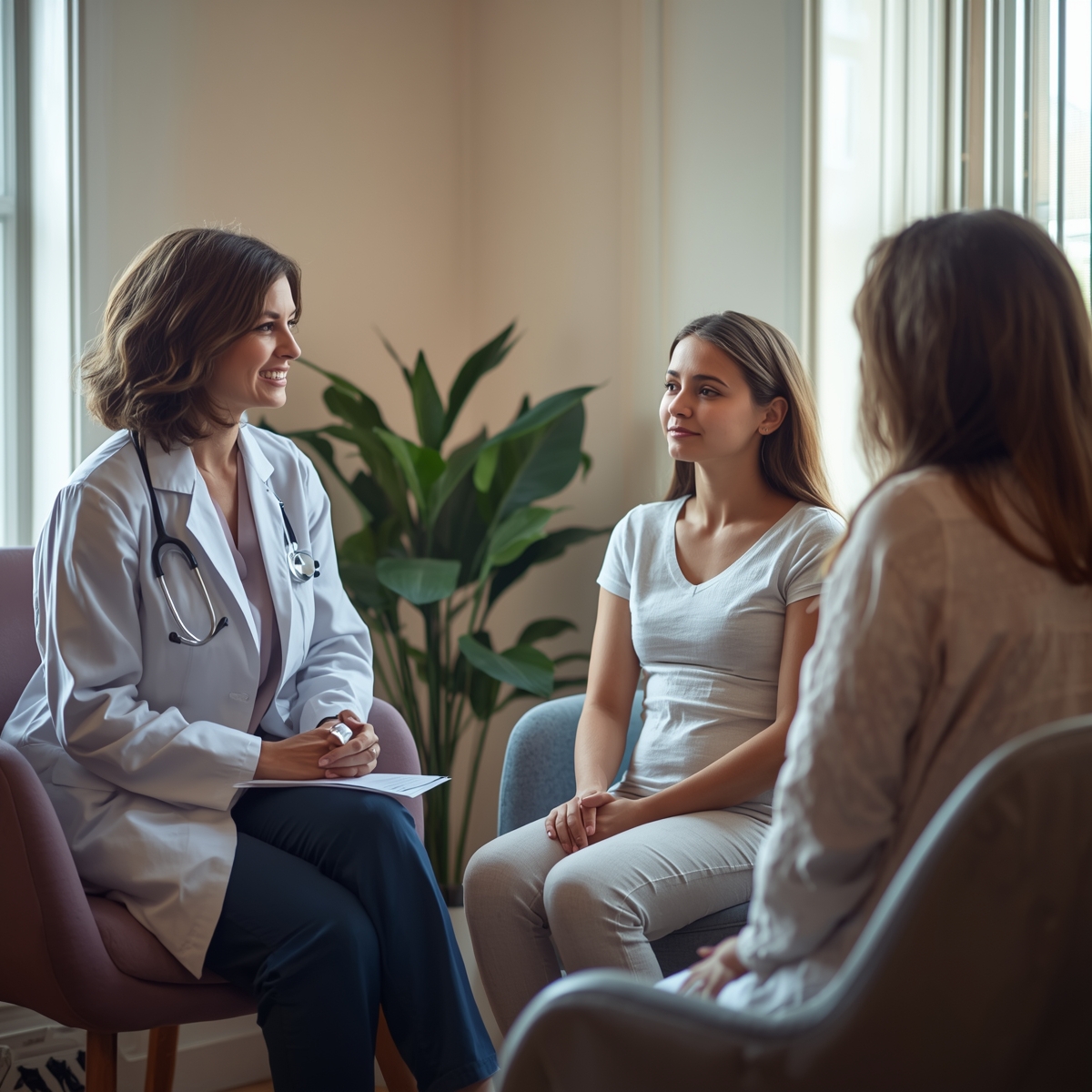 A compassionate female gynaecologist reassuring a teenage girl and her mother during a consultation at Holistic Gynaecology Clinic London, promoting supportive teenage reproductive healthcare.