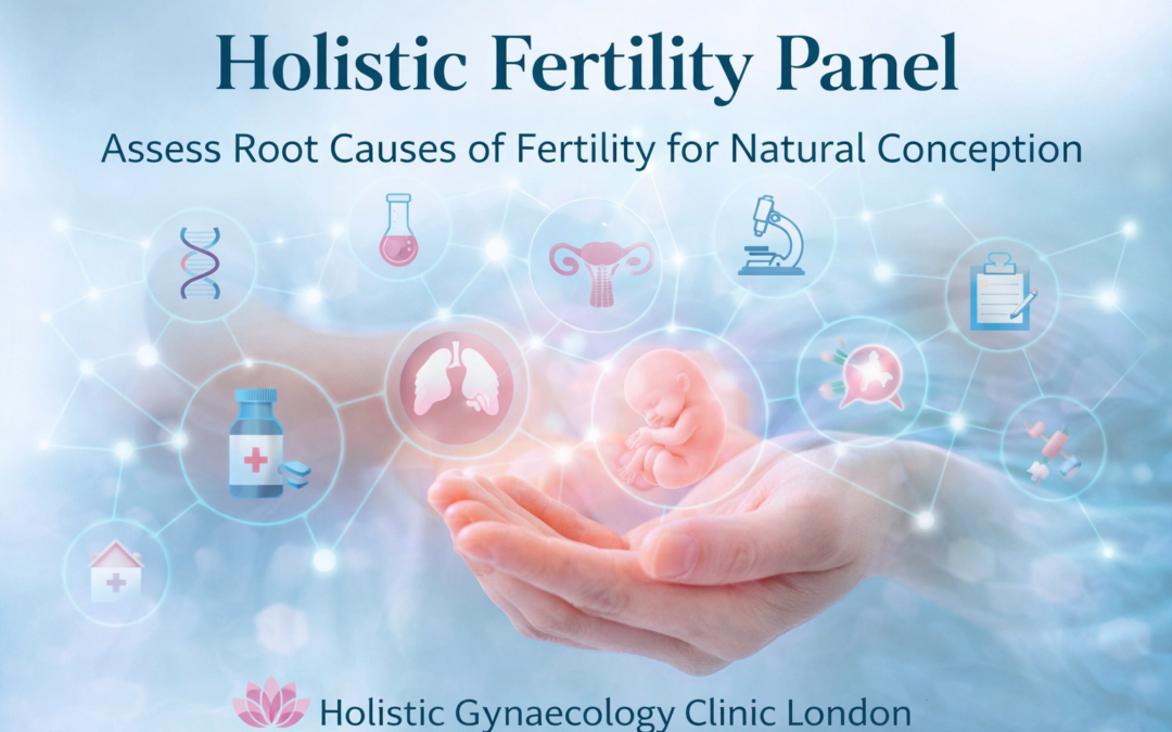 Holistic Fertility Panel London illustration by Holistic Gynaecology Clinic London showing a holistic approach to fertility with hormonal, nutritional and medical elements surrounding a developing embryo.
