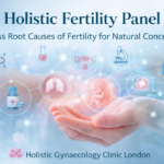 Holistic Fertility Panel London illustration by Holistic Gynaecology Clinic London showing a holistic approach to fertility with hormonal, nutritional and medical elements surrounding a developing embryo.