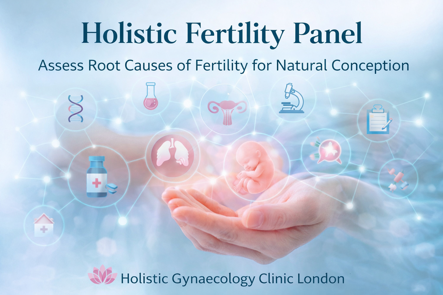 Holistic Fertility Panel London illustration by Holistic Gynaecology Clinic London showing a holistic approach to fertility with hormonal, nutritional and medical elements surrounding a developing embryo.