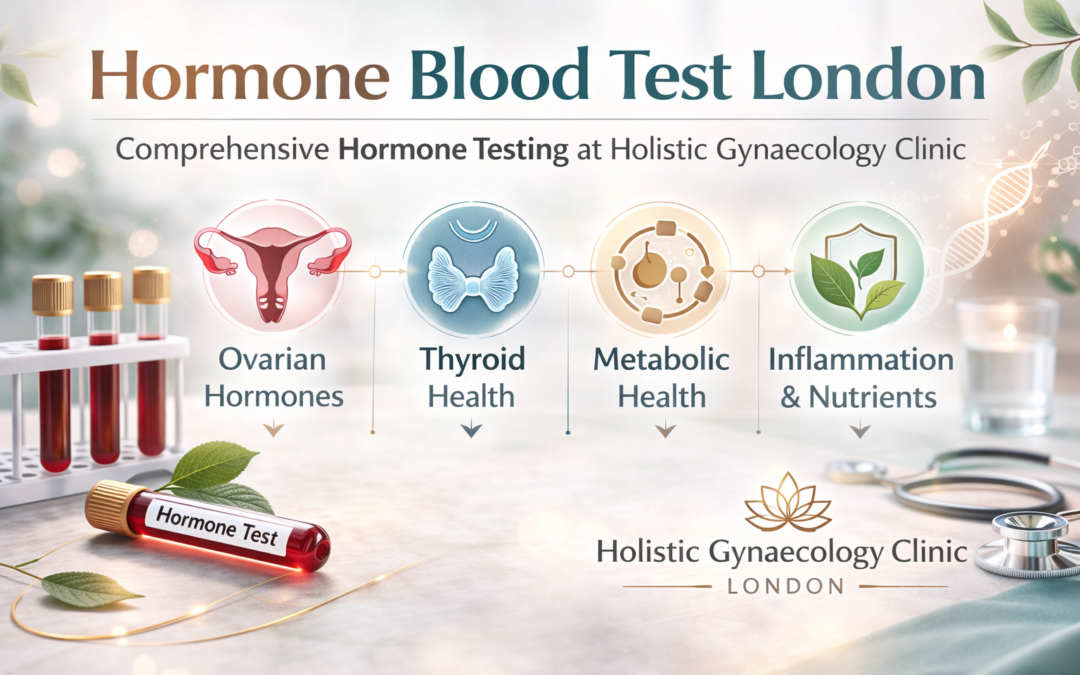 Hormone blood test London infographic explaining the Hormone Balance Panel at Holistic Gynaecology Clinic London.