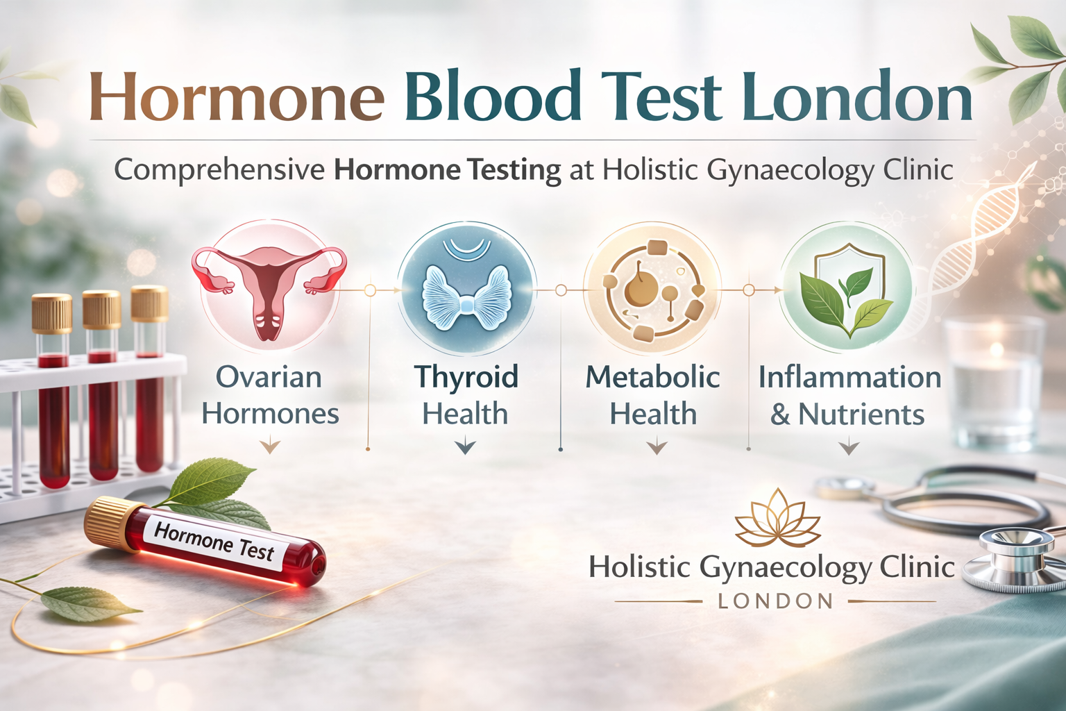 Hormone blood test London infographic explaining the Hormone Balance Panel at Holistic Gynaecology Clinic London.