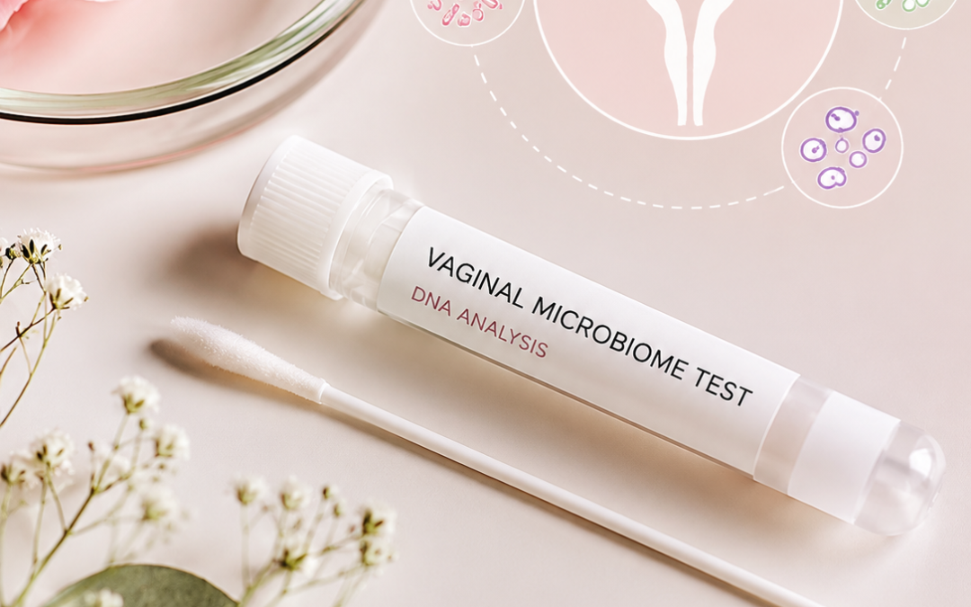 Vaginal microbiome test kit with vaginal swab and DNA analysis tube displayed beside a feminine reproductive health illustration on a soft pastel background.