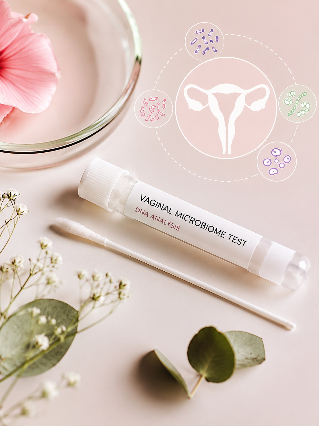 Vaginal Microbiome Test Holistic Gynaecology London Vaginal microbiome test kit with vaginal swab and DNA analysis tube displayed beside a feminine reproductive health illustration on a soft pastel background.