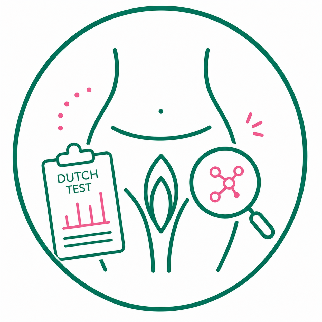 DUTCH Hormone Test Interpretation | Holistic Gynaecology Clinic London Minimalist illustration of DUTCH Hormone Test Interpretation showing female hormone analysis, personalised hormone assessment and holistic women's healthcare at Holistic Gynaecology Clinic London.