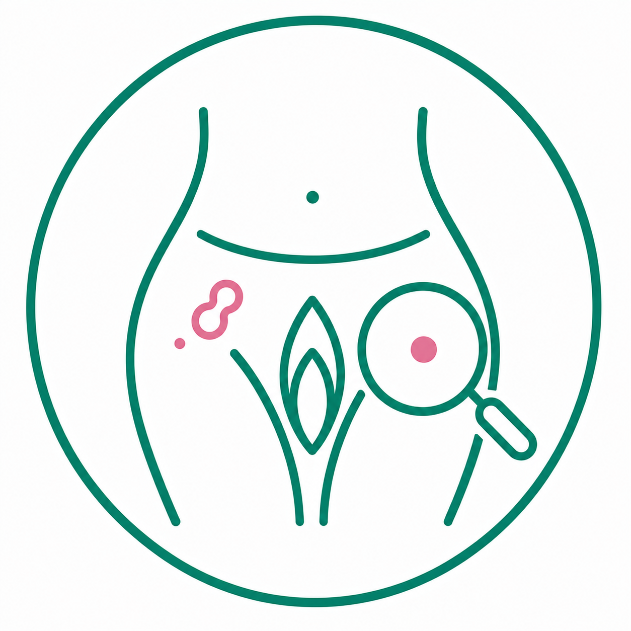 Vulval Lump, Bump and Skin Tag Assessment & Removal London | Holistic Gynaecology Clinic London Illustration of vulval lump, bump and skin tag assessment showing a magnifying glass examining the vulval area, representing specialist diagnosis and removal services at Holistic Gynaecology Clinic London.